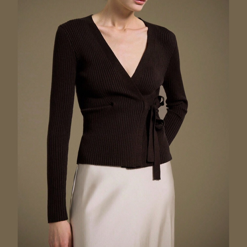 Dark Brown Ribbed Knit Wrap Tie Waist Long Sleeve Cardigan